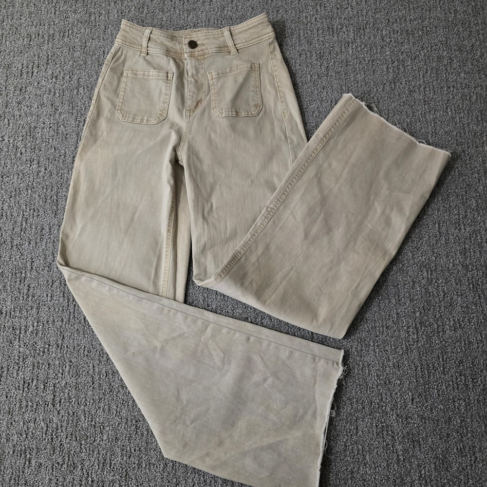 OAT New York High Rise Wide Leg Cropped Jeans Women's 0/25 Beige Raw Hem Utility